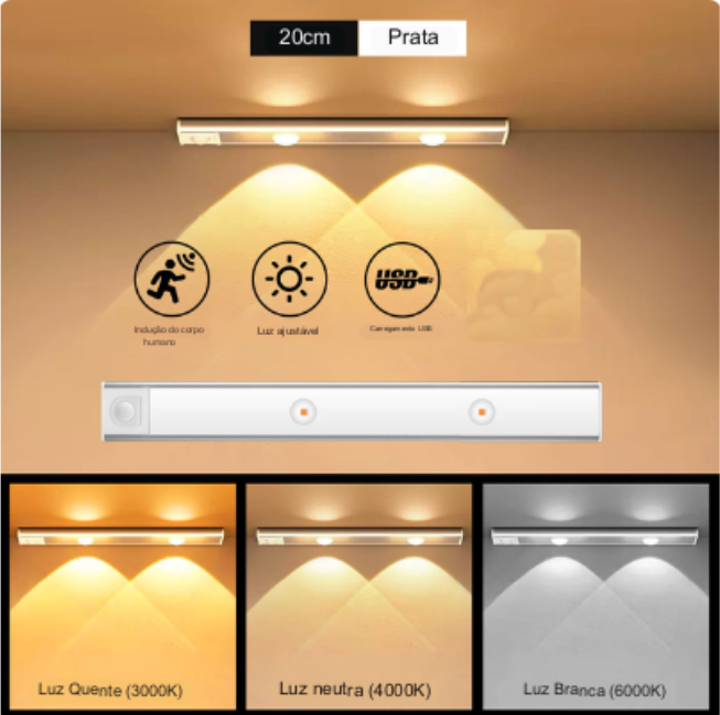 Lampada LED PIR Motion Sensor Night Ultra-Thin sem fio para Cozinha, Quarto, Roupeiro... USB Recarregável - Tudo Pra Você Shop