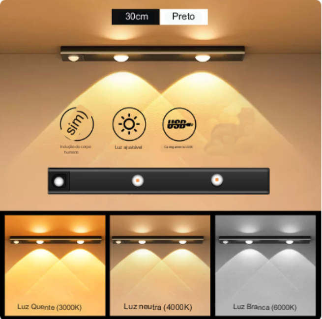 Lampada LED PIR Motion Sensor Night Ultra-Thin sem fio para Cozinha, Quarto, Roupeiro... USB Recarregável - Tudo Pra Você Shop